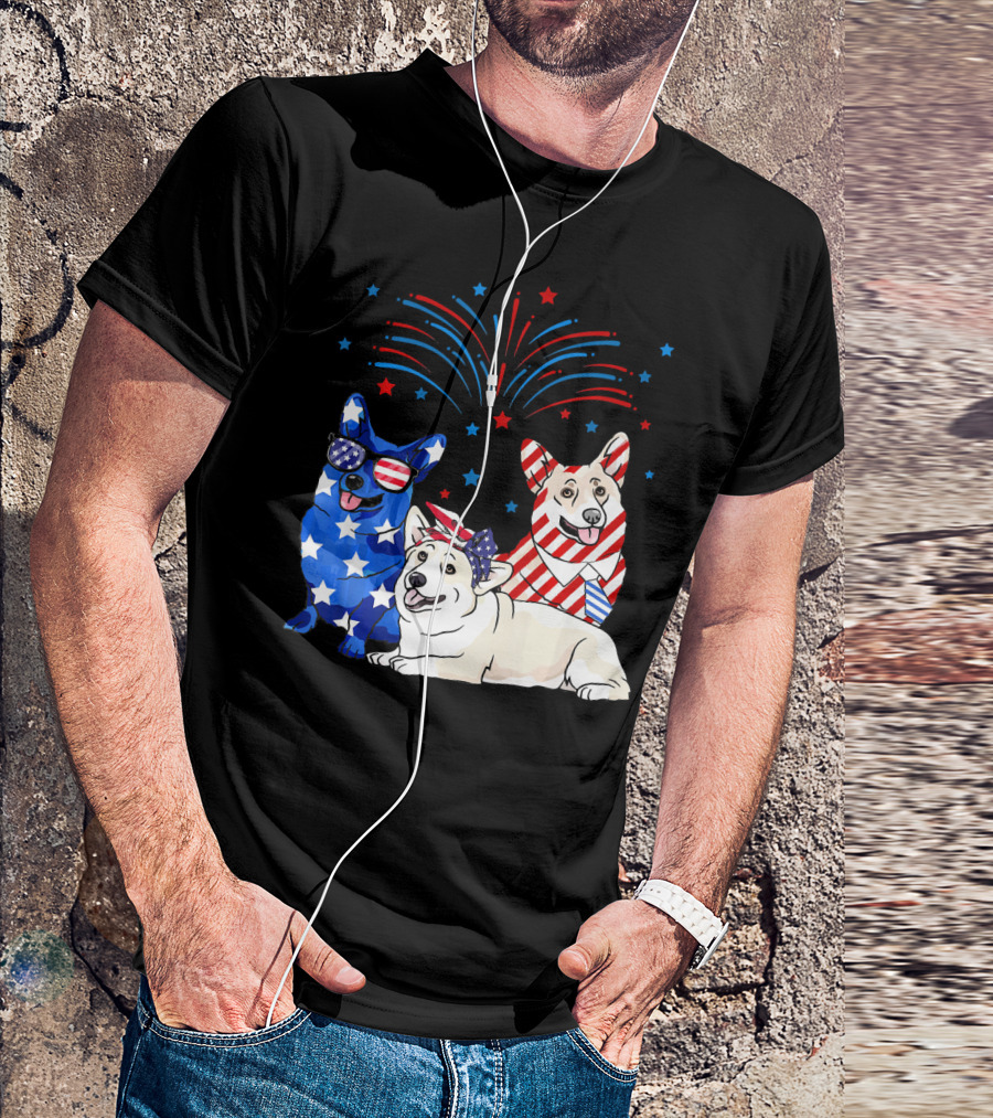 American Flag USA 4th Of July Corgi Patriotic Fireworks Celebration Dog Trio T-Shirt