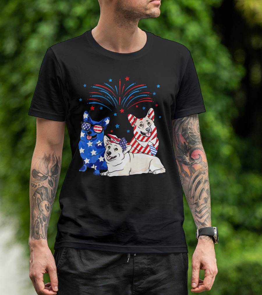 American Flag USA 4th Of July Corgi Patriotic Fireworks Celebration Dog Trio T-Shirt
