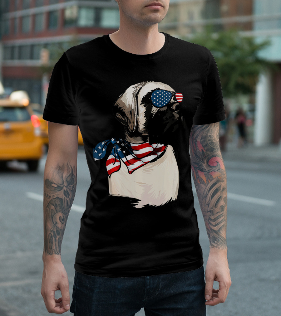American Flag English Mastiff With Patriotic Stars And Stripes Sunglasses And Scarf T-Shirt