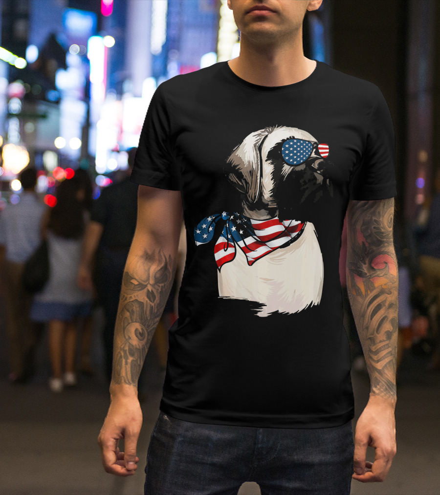 American Flag English Mastiff With Patriotic Stars And Stripes Sunglasses And Scarf T-Shirt