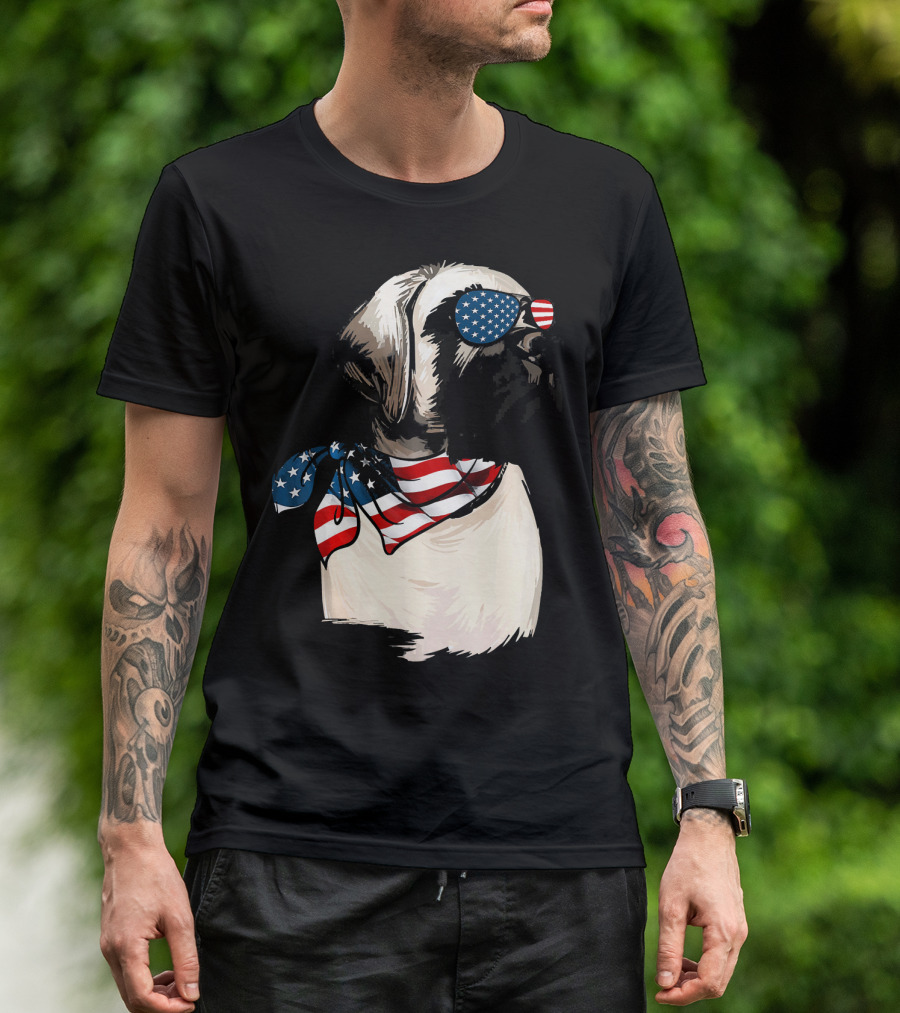 American Flag English Mastiff With Patriotic Stars And Stripes Sunglasses And Scarf T-Shirt