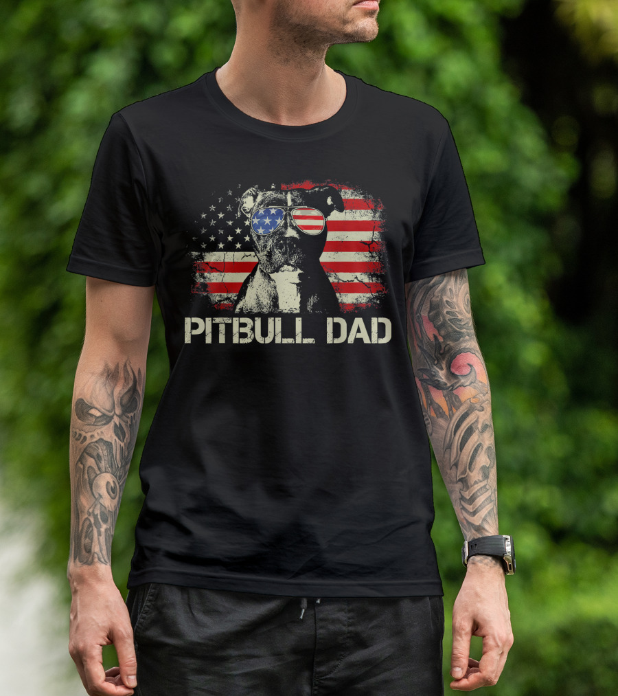 Pitbull Dad American Flag Sunglasses Patriotic Mens Best Ever T-Shirt