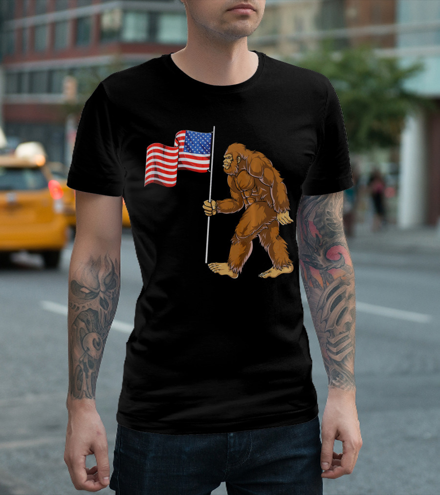 Bigfoot Holding American Flag Patriotic 4th Of July T-Shirt