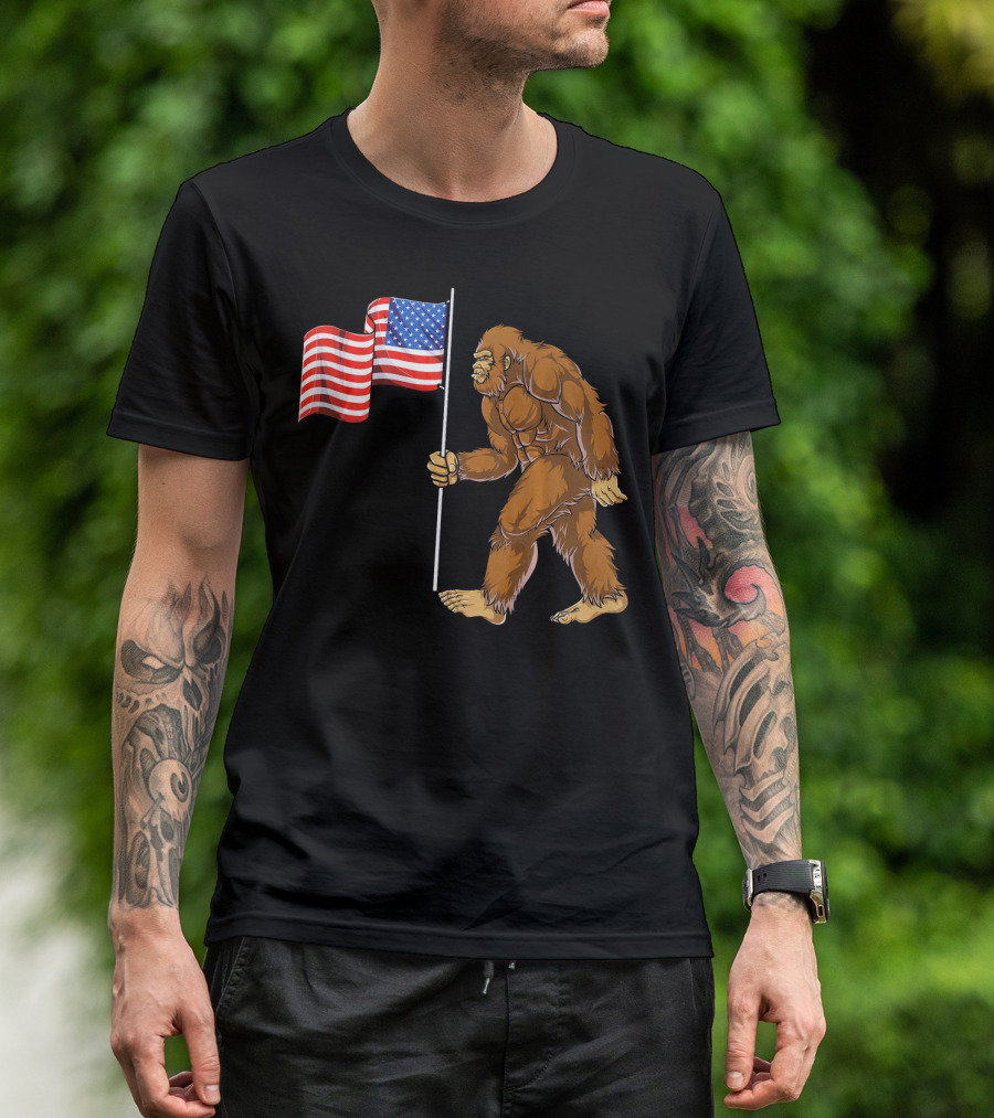 Bigfoot Holding American Flag Patriotic 4th Of July T-Shirt