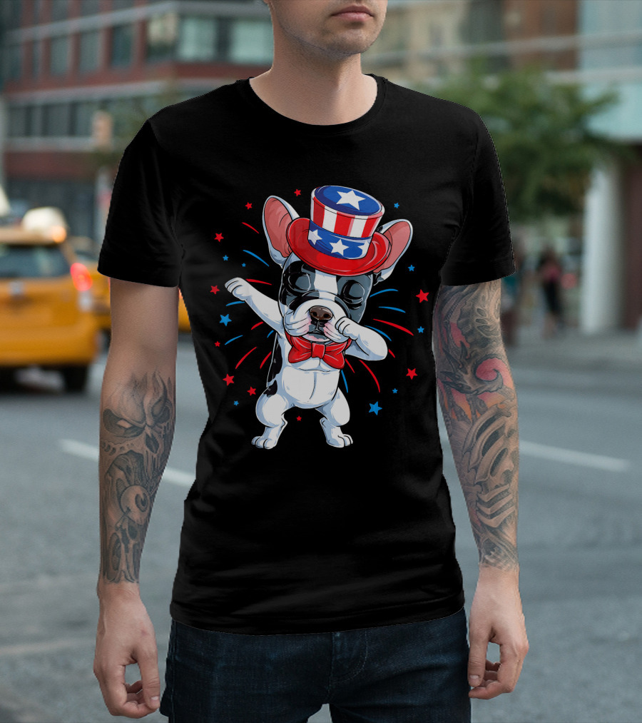 Dabbing French Bulldog Uncle Sam Hat Fireworks 4th Of July T-Shirt