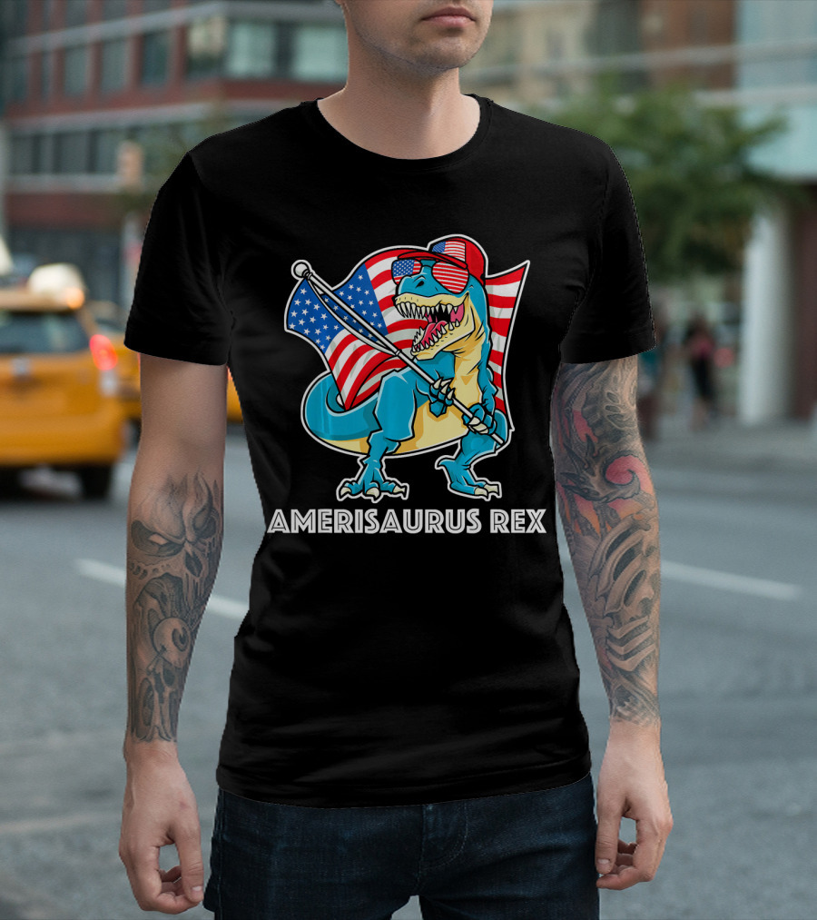 Amerisaurus Rex Patriotic Dinosaur with American Flag and Sunglasses T-Shirt