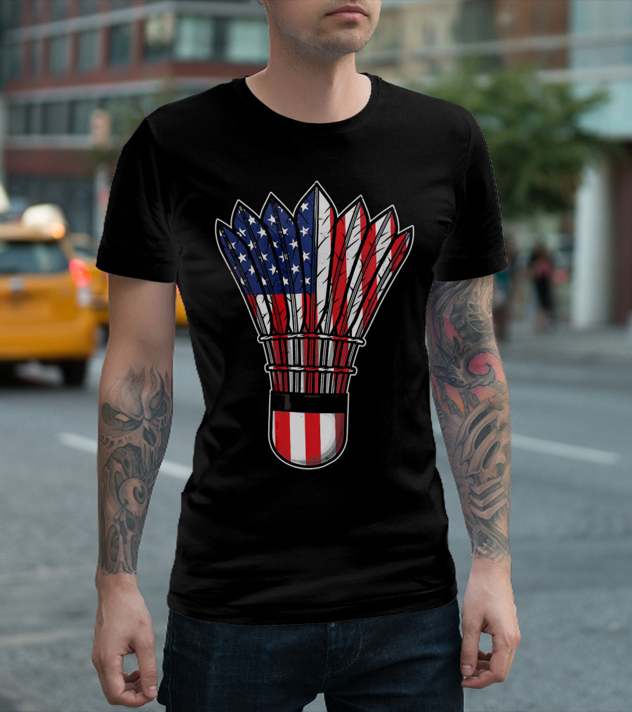 Funny Badminton Shuttlecock American Flag Patriot Player Love T-Shirt