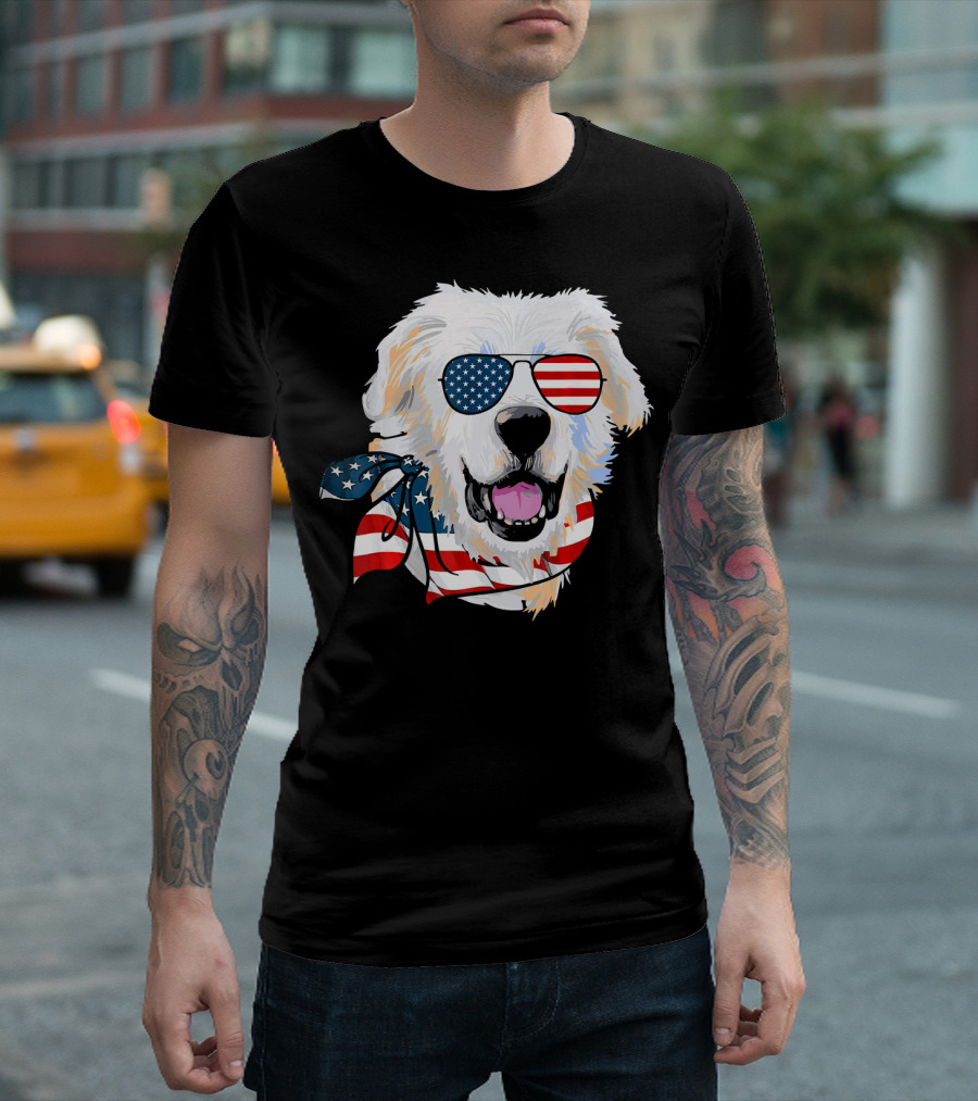 American Flag Great Pyrenees Dog with Patriotic Sunglasses and Bandana T-Shirt