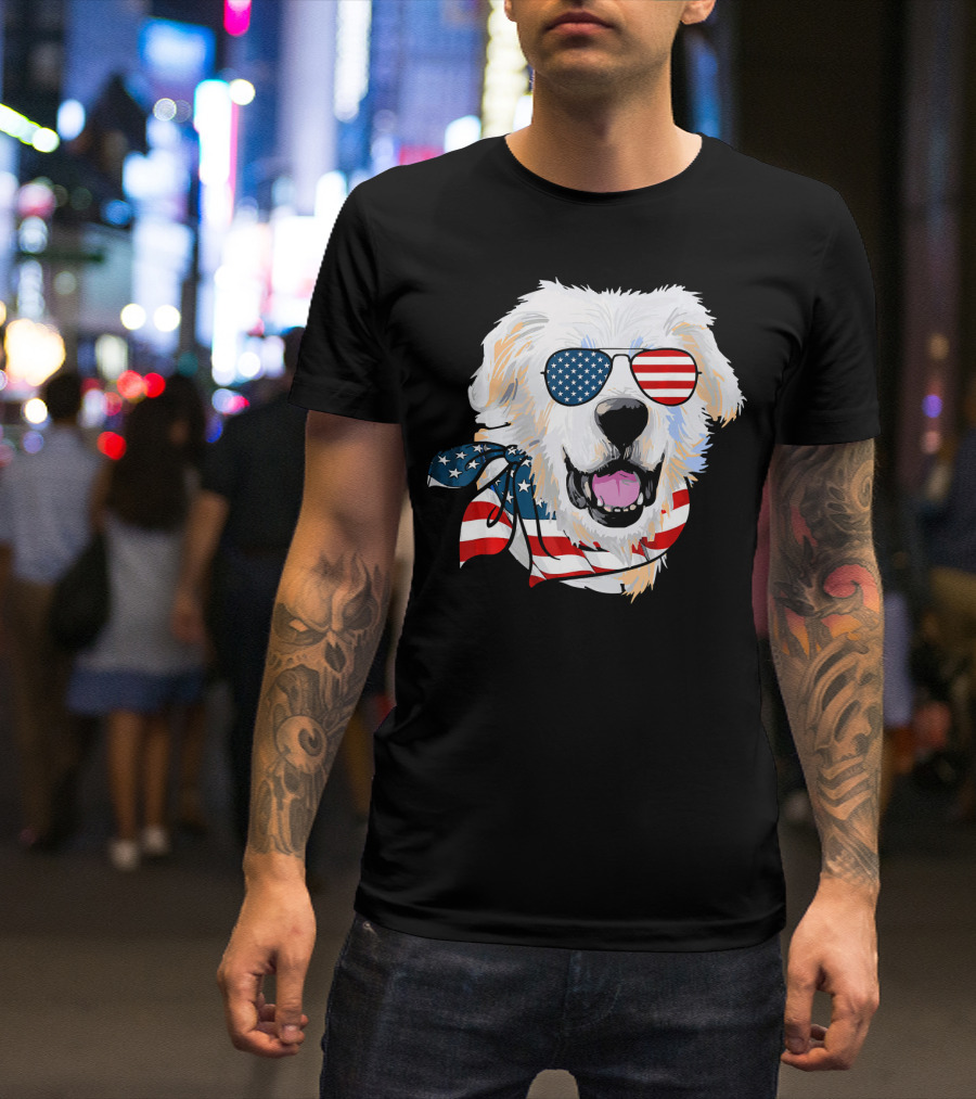 American Flag Great Pyrenees Dog With Patriotic Sunglasses And Bandana T-Shirt
