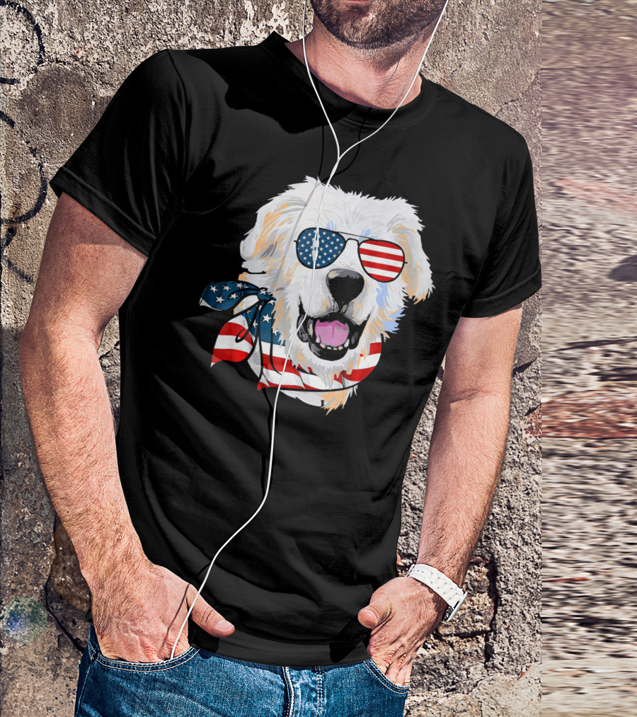 American Flag Great Pyrenees Dog With Patriotic Sunglasses And Bandana T-Shirt