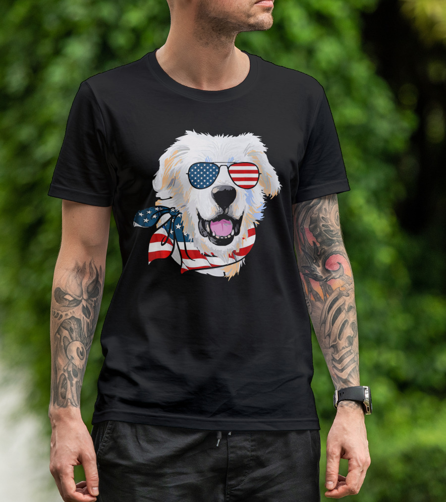 American Flag Great Pyrenees Dog With Patriotic Sunglasses And Bandana T-Shirt