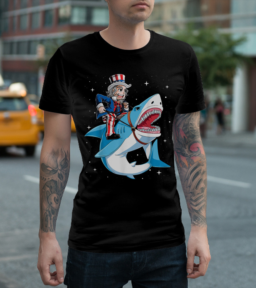 Uncle Sam Riding Shark Patriotic 4th of July T-Shirt