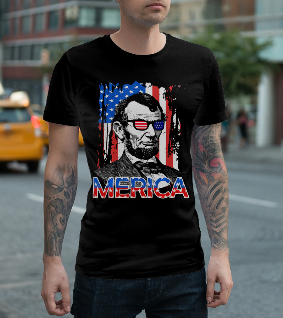Merica American Flag Abe Lincoln with Sunglasses T-Shirt