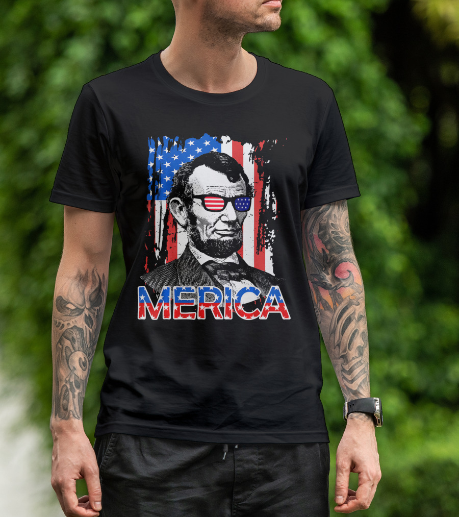 Merica American Flag Abe Lincoln With Sunglasses T-Shirt
