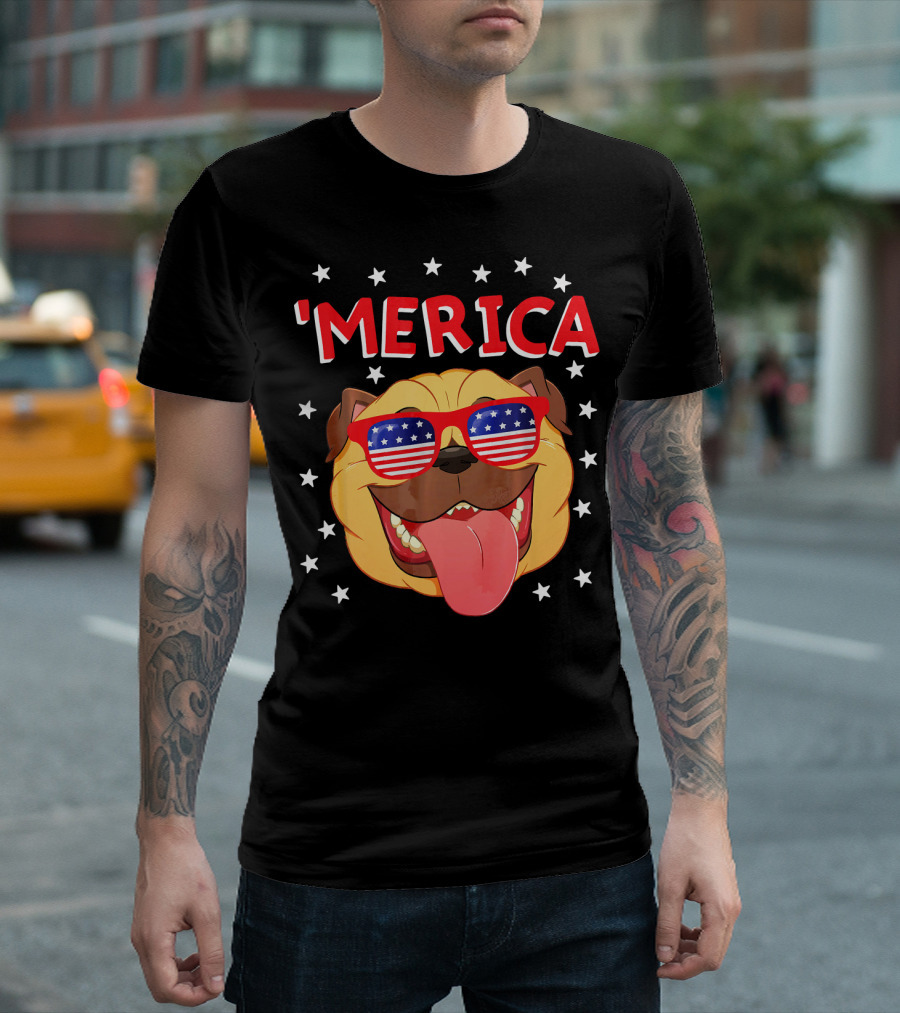'Merica Pug Wearing American Flag Sunglasses with Stars T-Shirt