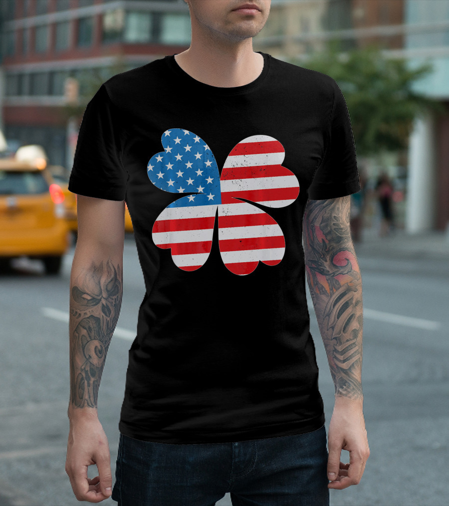 Independence Day American Flag 4 Leaf Clover Shamrock T-Shirt
