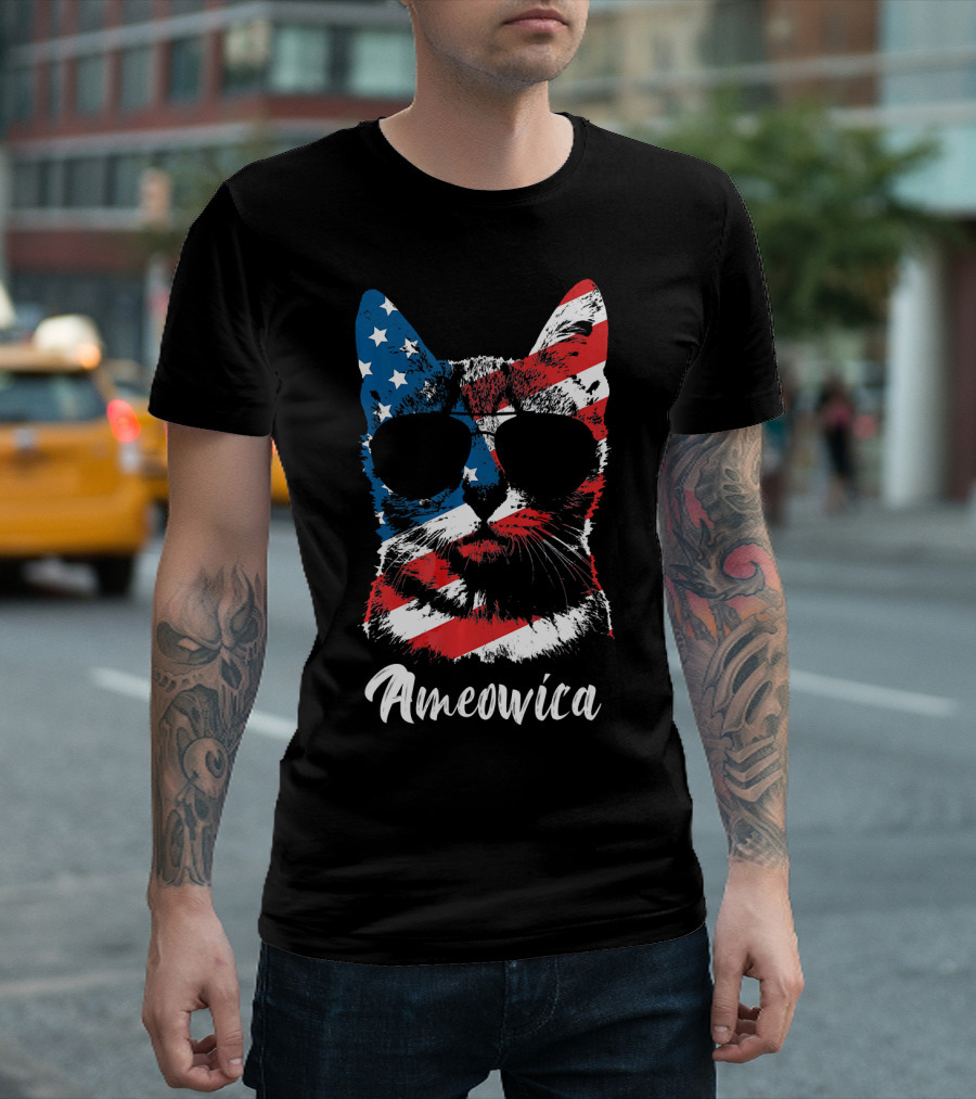 Ameowica Funny Cat Lover Patriotic Stars And Stripes Sunglasses T-Shirt