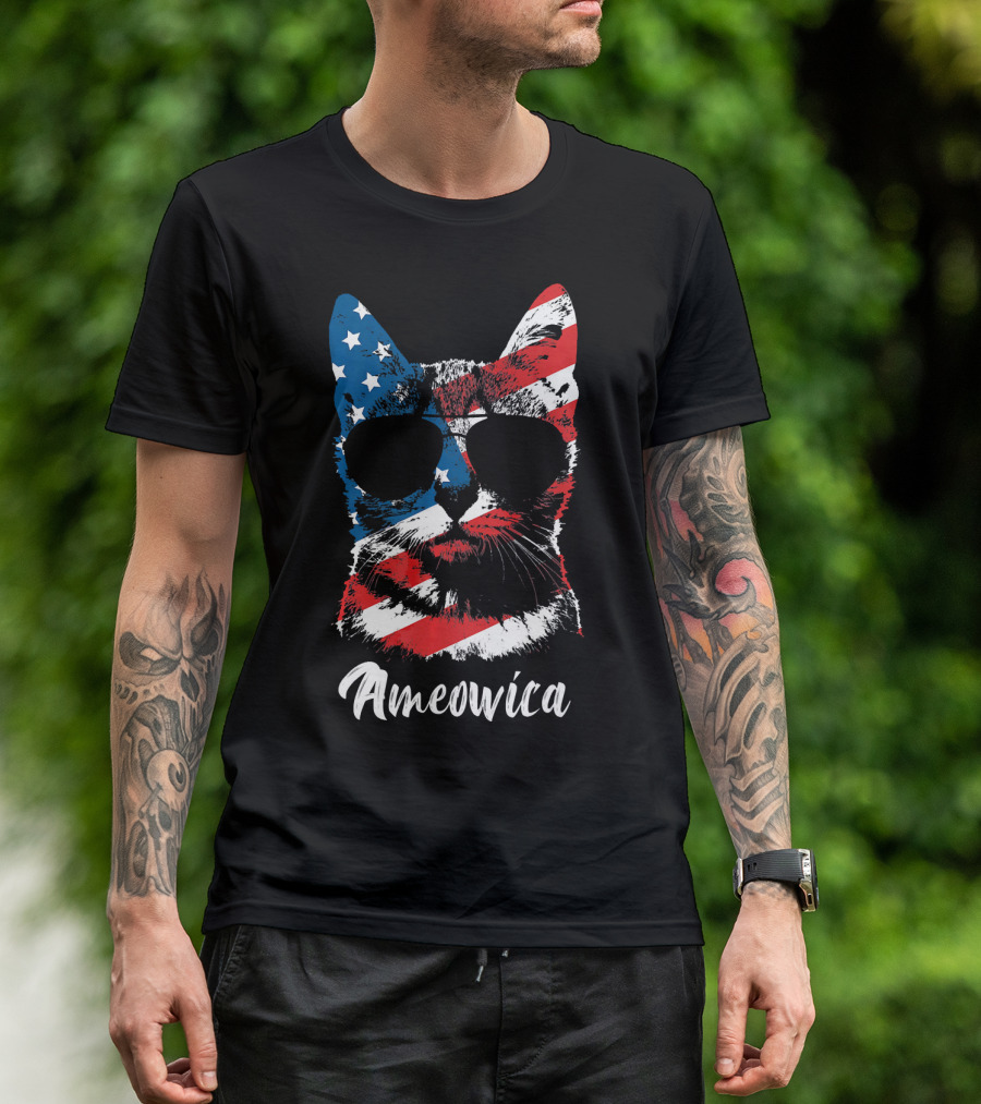 Ameowica Funny Cat Lover Patriotic Stars And Stripes Sunglasses T-Shirt