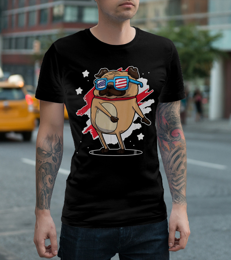 4th Of July Pug USA Floss Patriotic Sunglasses Stars And Stripes Dance T-Shirt