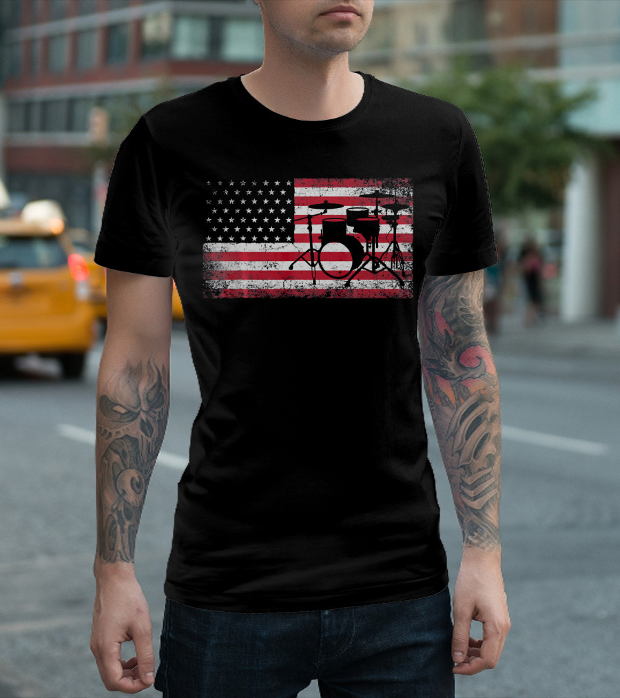 4th of July Drummer Drum Set American Flag T-Shirt