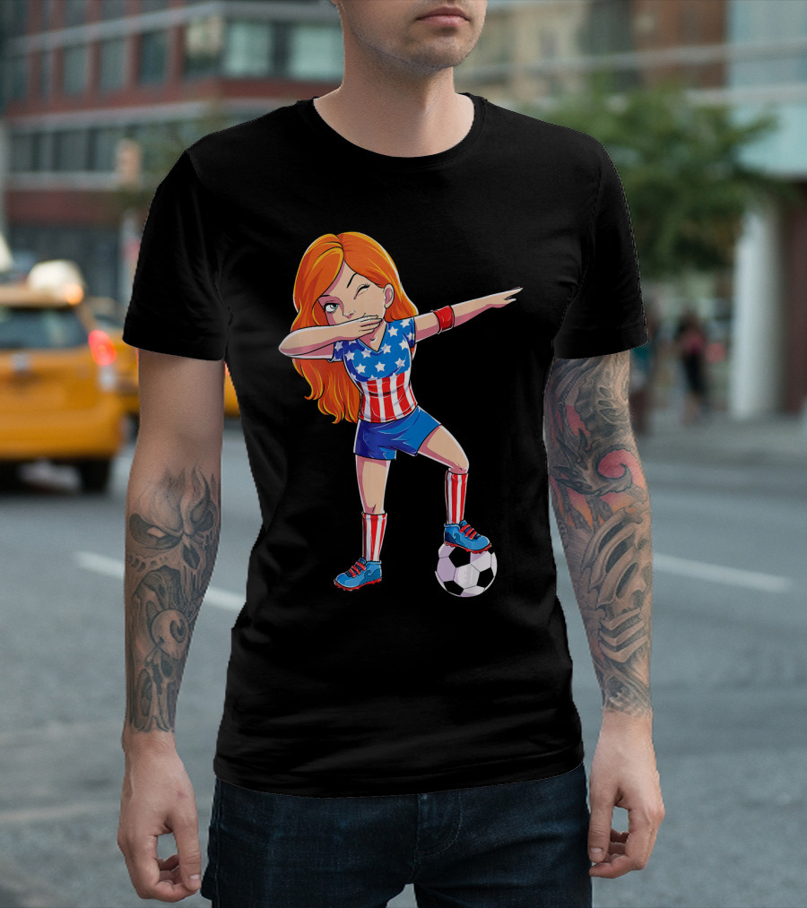 Dabbing Soccer Girl USA Flag Stars and Stripes Jersey T-Shirt