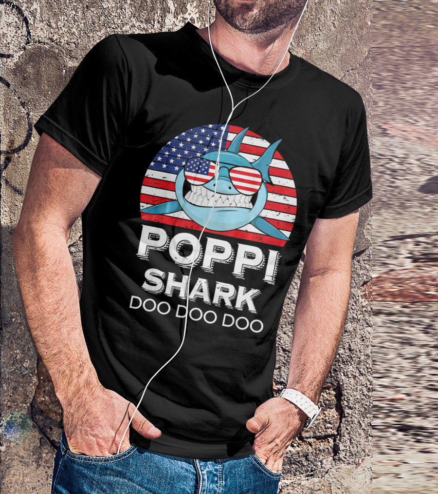 Poppi Shark Doo Doo Doo American Flag Sunglasses T-Shirt