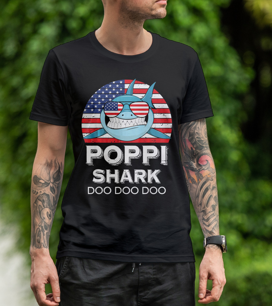 Poppi Shark Doo Doo Doo American Flag Sunglasses T-Shirt