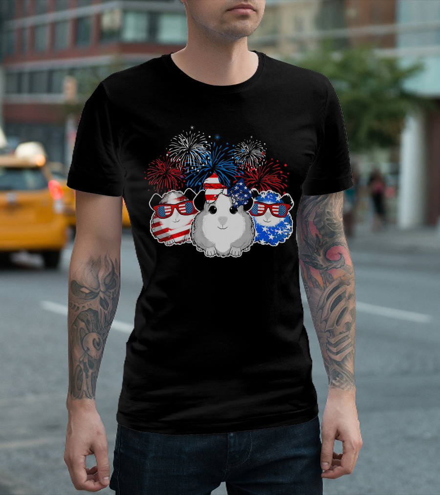 American 4th of July Guinea Pig Happy Birthday with Fireworks T-Shirt