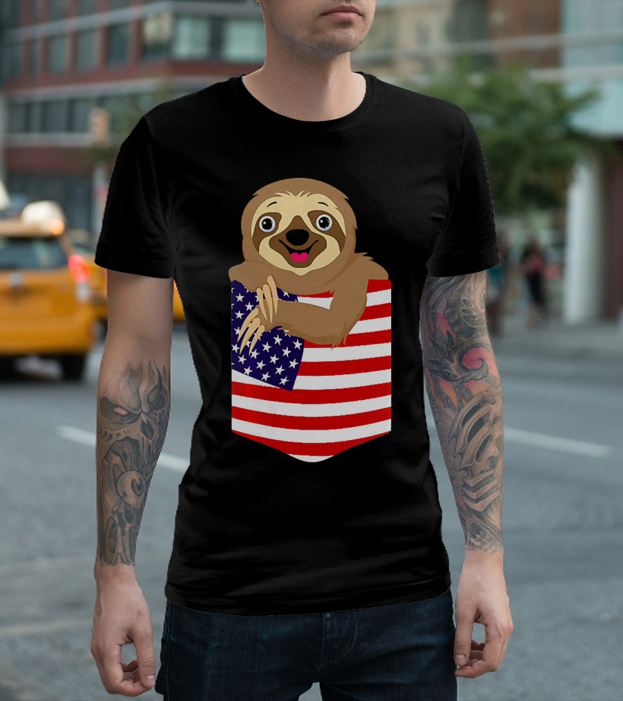 4th of July Funny Sloth Peekin' from American Flag Pocket T-Shirt