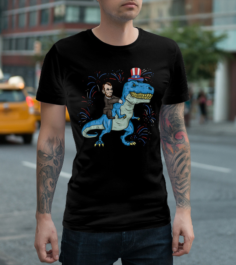 Abe Lincoln Patriotic Dinosaur Riding Fireworks Hat T-Shirt