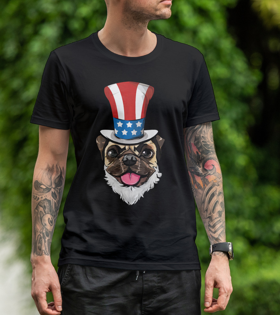 Pug Dog Wearing Uncle Sam Hat And Lincoln Beard T-Shirt