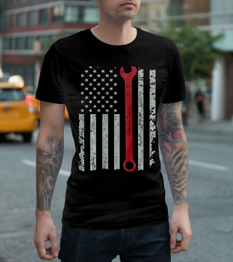 American Flag with Red Mechanic Wrench T-Shirt