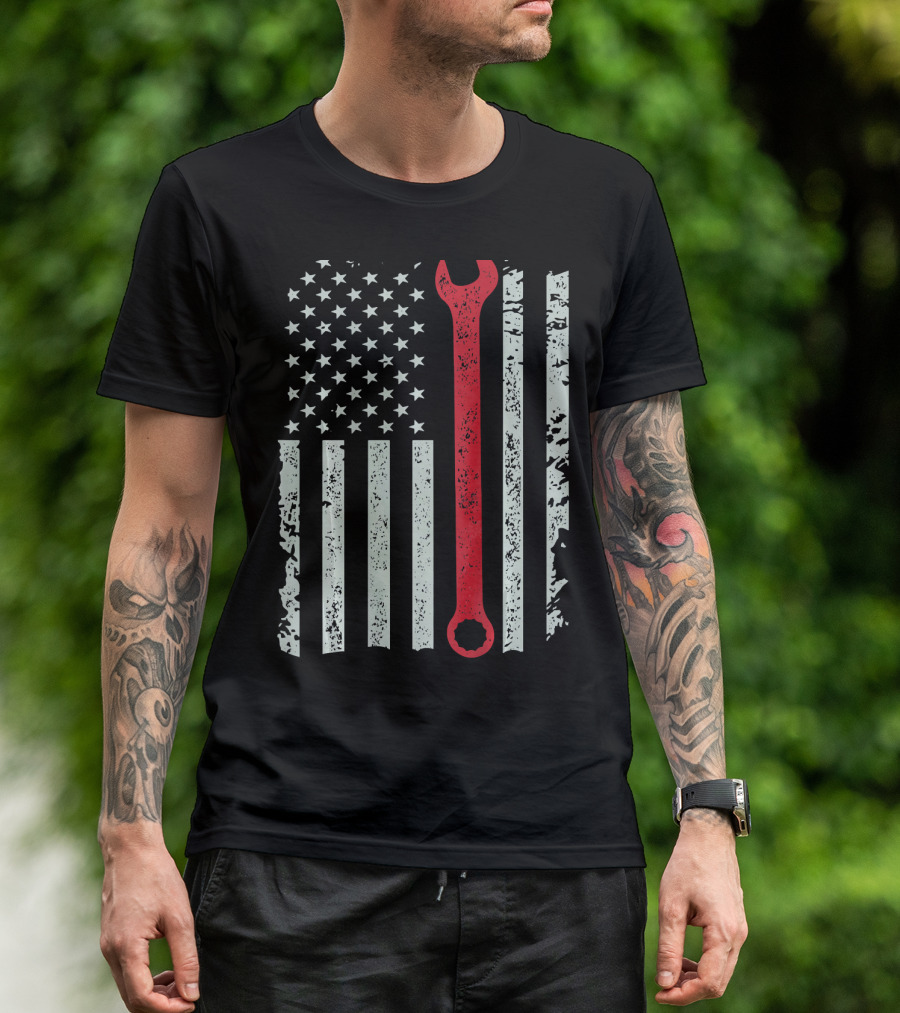 American Flag With Red Mechanic Wrench T-Shirt