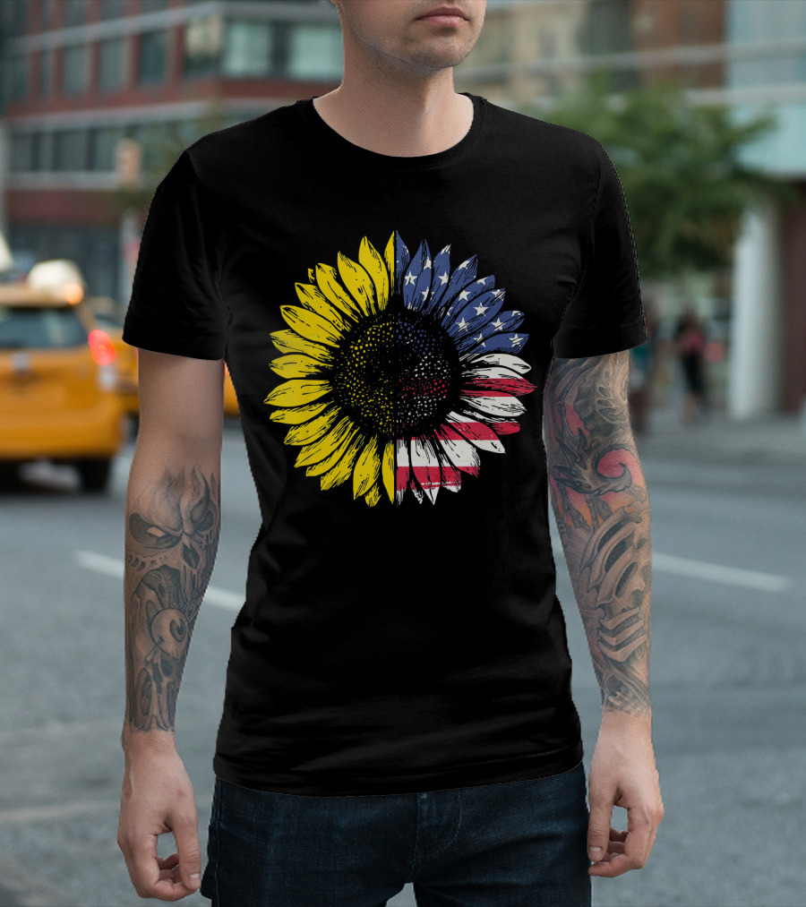 Sunflower with American Flag Stars and Stripes Patriotic T-Shirt