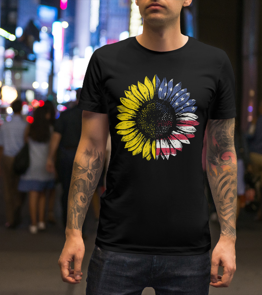 Sunflower With American Flag Stars And Stripes Patriotic T-Shirt