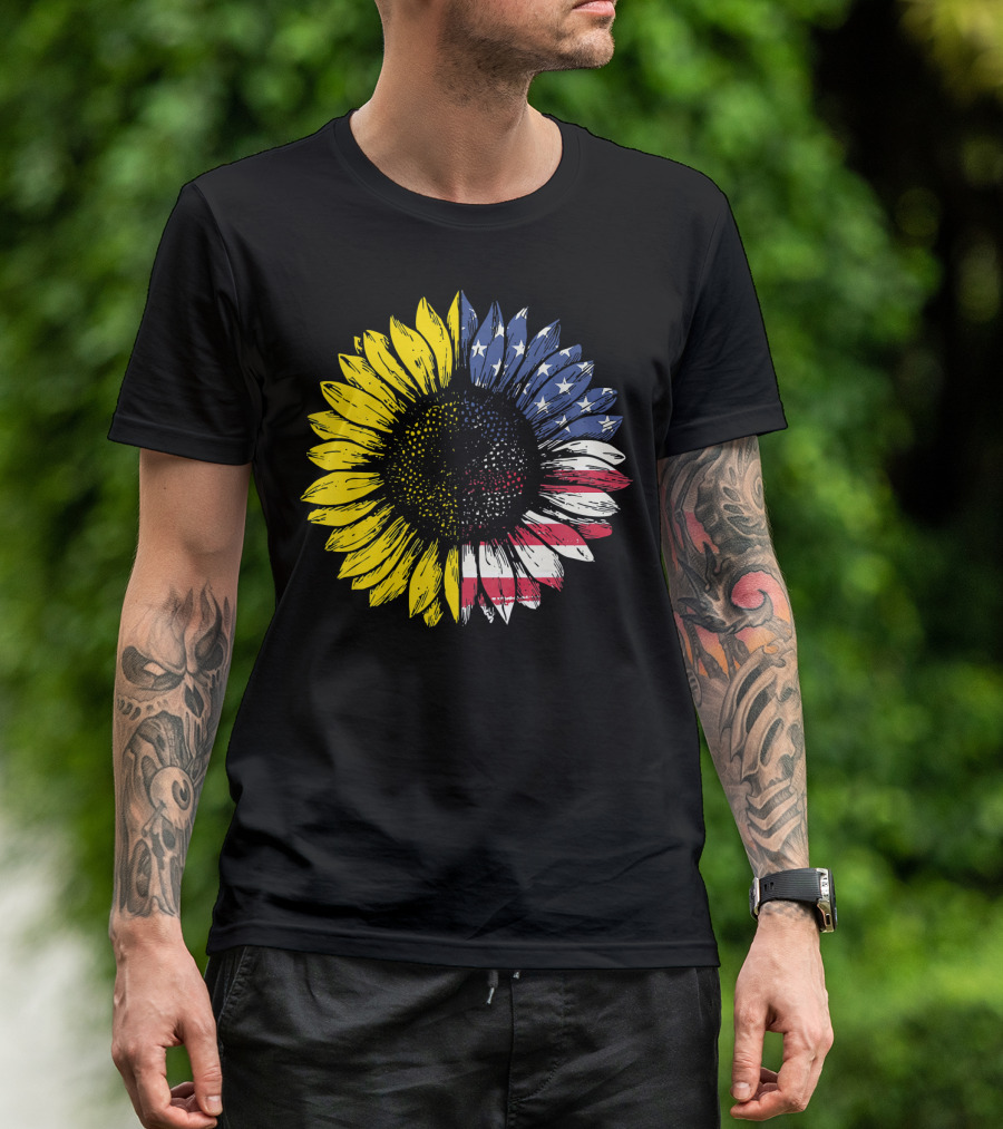 Sunflower With American Flag Stars And Stripes Patriotic T-Shirt
