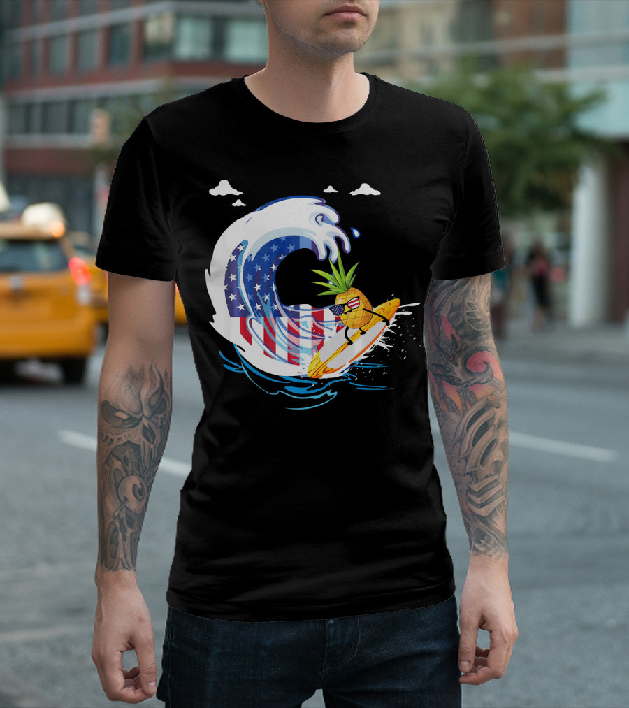 Pineapple Surfing American Flag Wave Hawaiian T-Shirt
