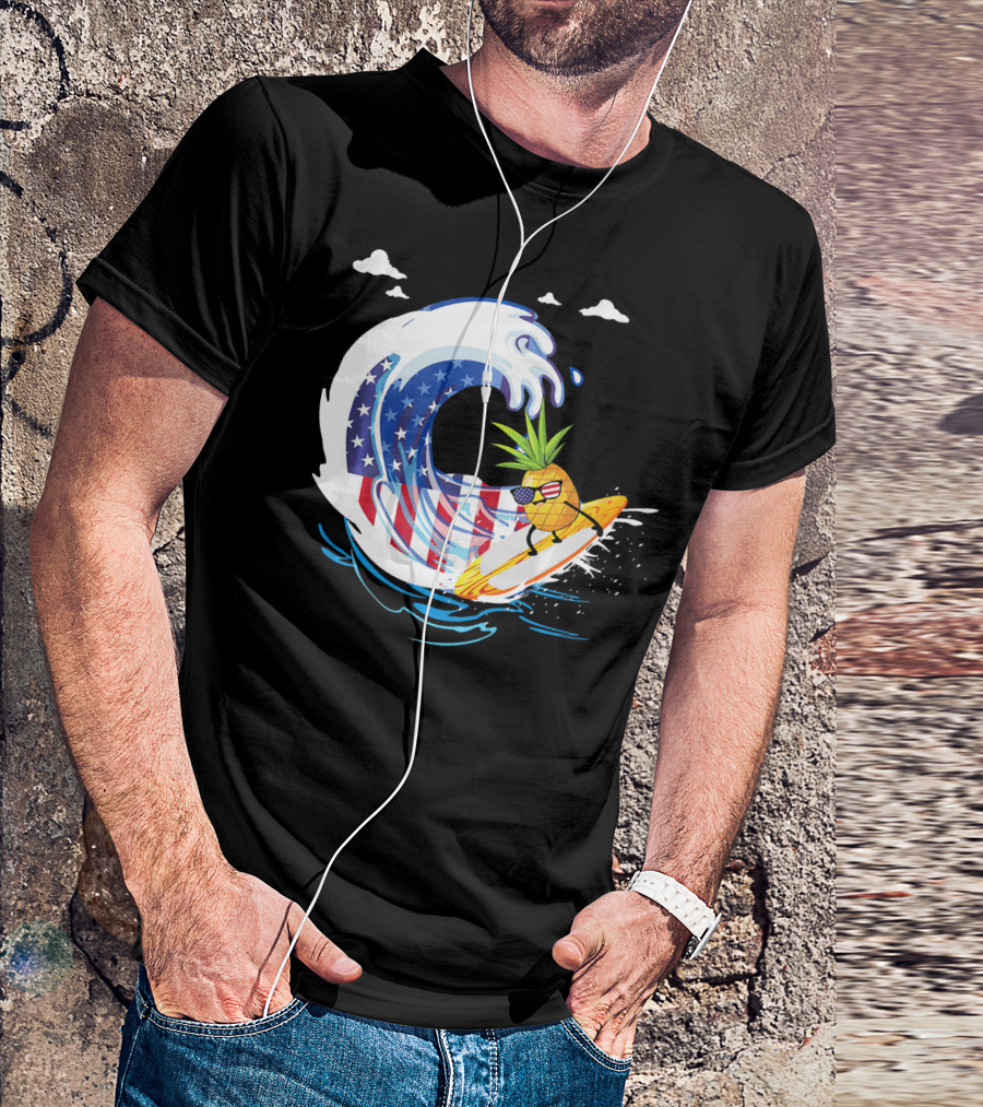 Pineapple Surfing American Flag Wave Hawaiian T-Shirt