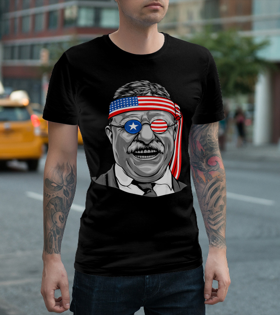 Theodore Roosevelt Patriotic Headband And Glasses USA Flag Theme President T-Shirt