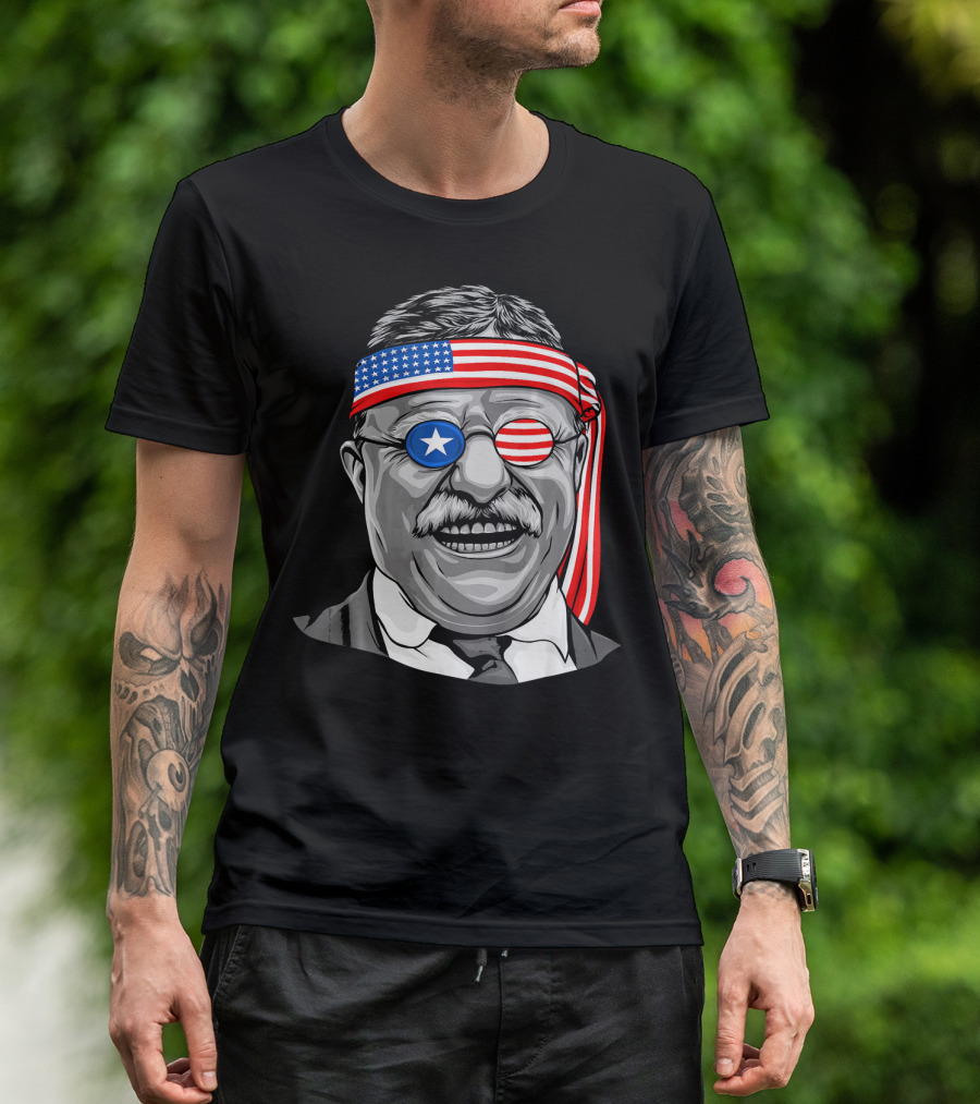 Theodore Roosevelt Patriotic Headband And Glasses USA Flag Theme President T-Shirt