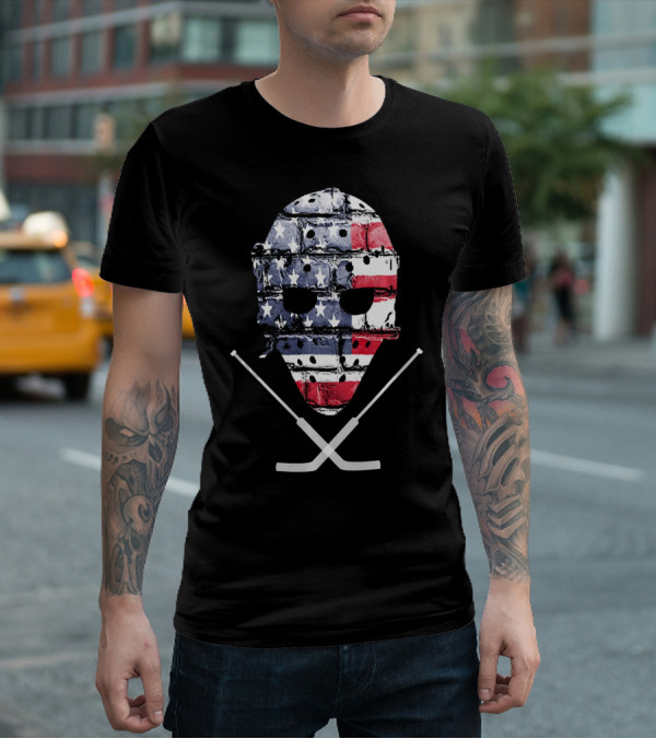 United States Hockey Goalie Mask With Flag And Sticks T-Shirt