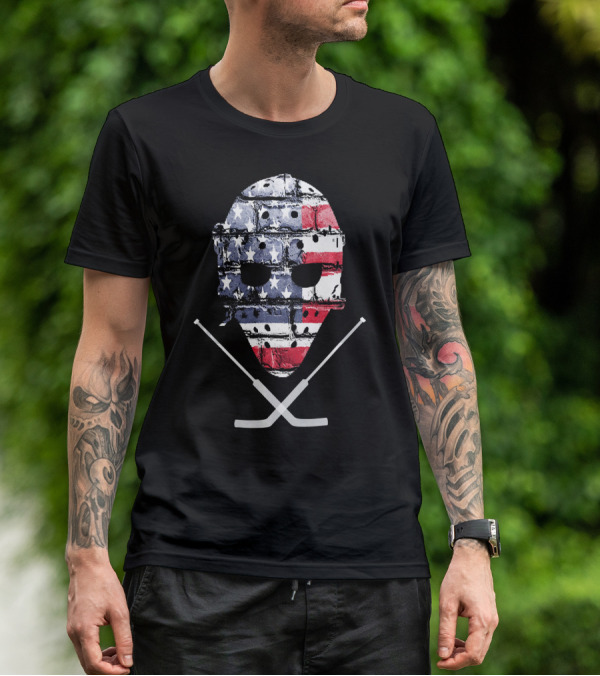 United States Hockey Goalie Mask With Flag And Sticks T-Shirt