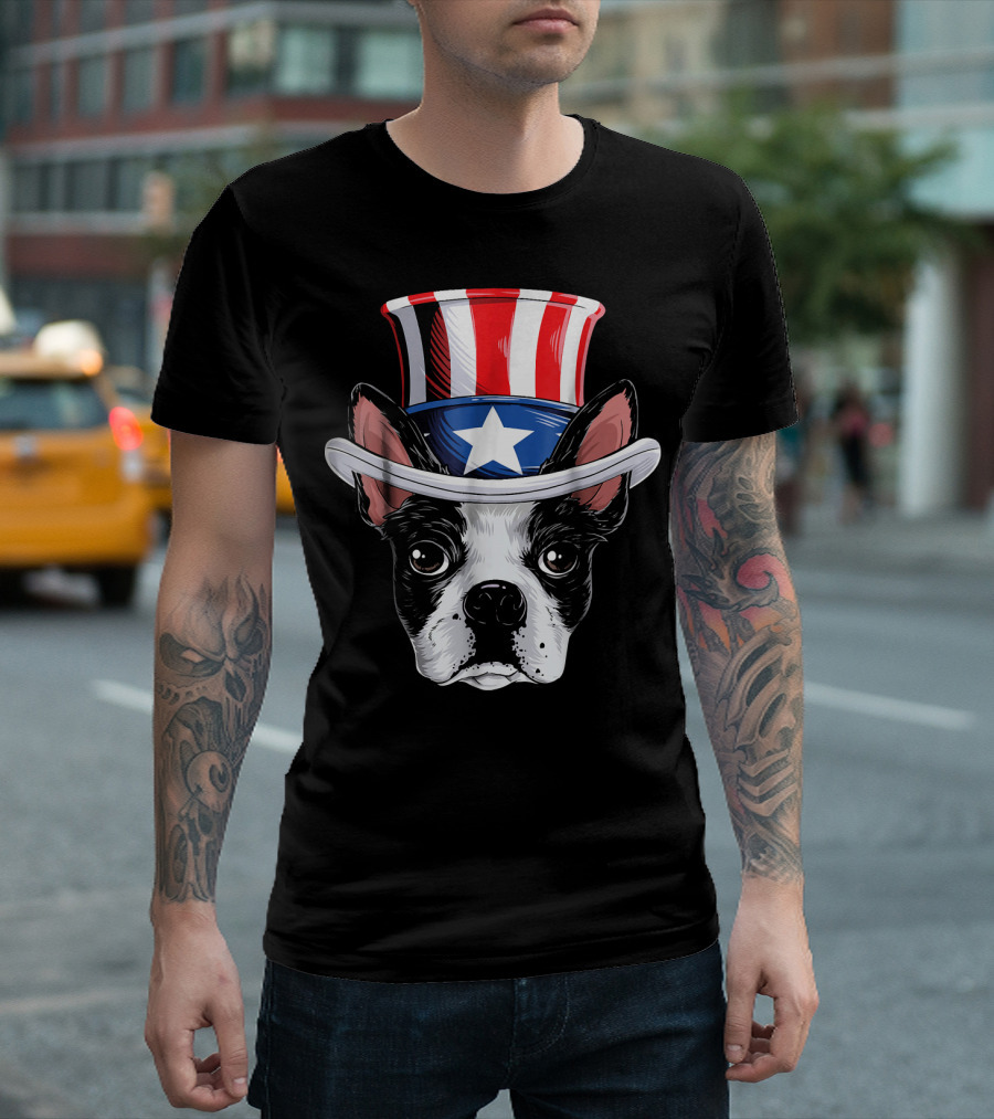 Boston Terrier Wearing Uncle Sam Hat with Star and Stripes T-Shirt