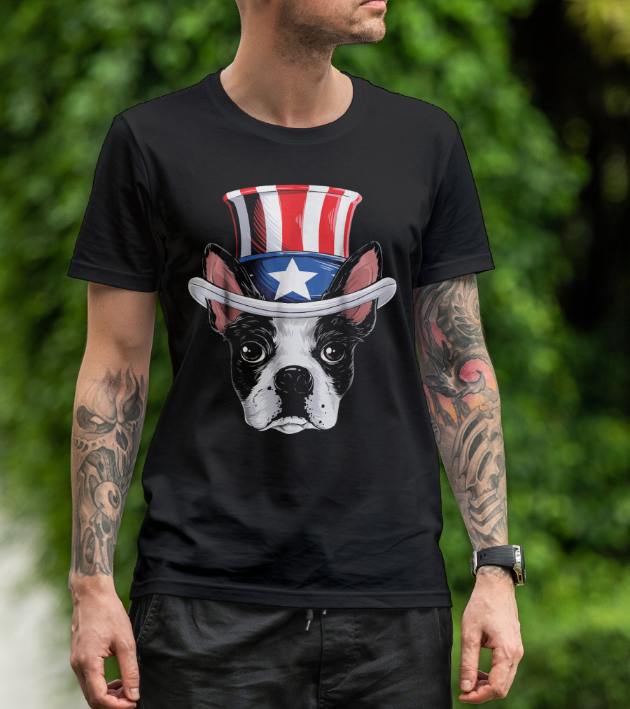Boston Terrier Wearing Uncle Sam Hat With Star And Stripes T-Shirt