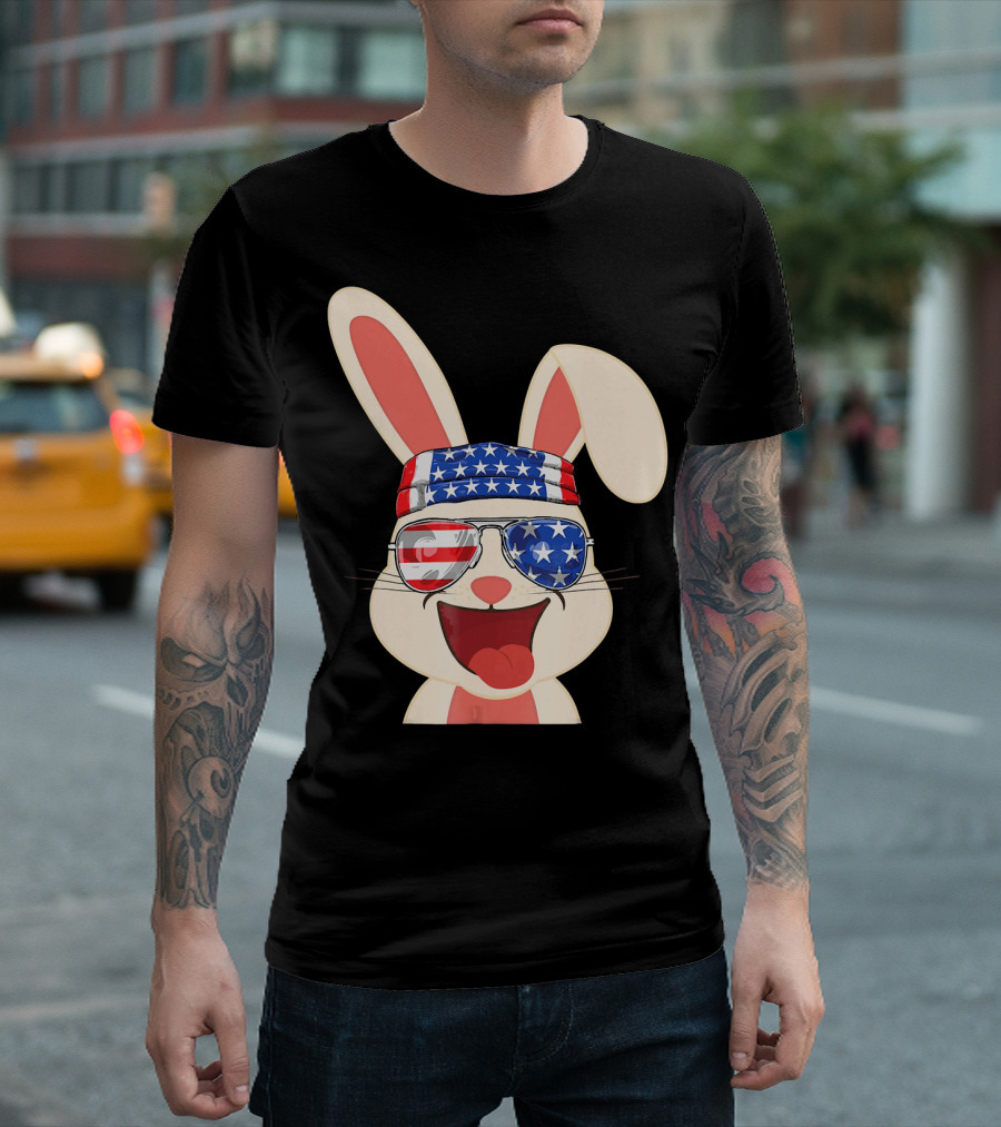 Vintage Patriot Rabbit American Flag Bandana Sunglasses 4th Of July T-Shirt