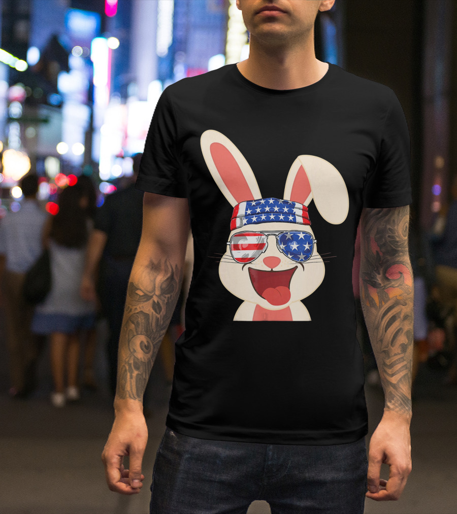 Vintage Patriot Rabbit American Flag Bandana Sunglasses 4th Of July T-Shirt