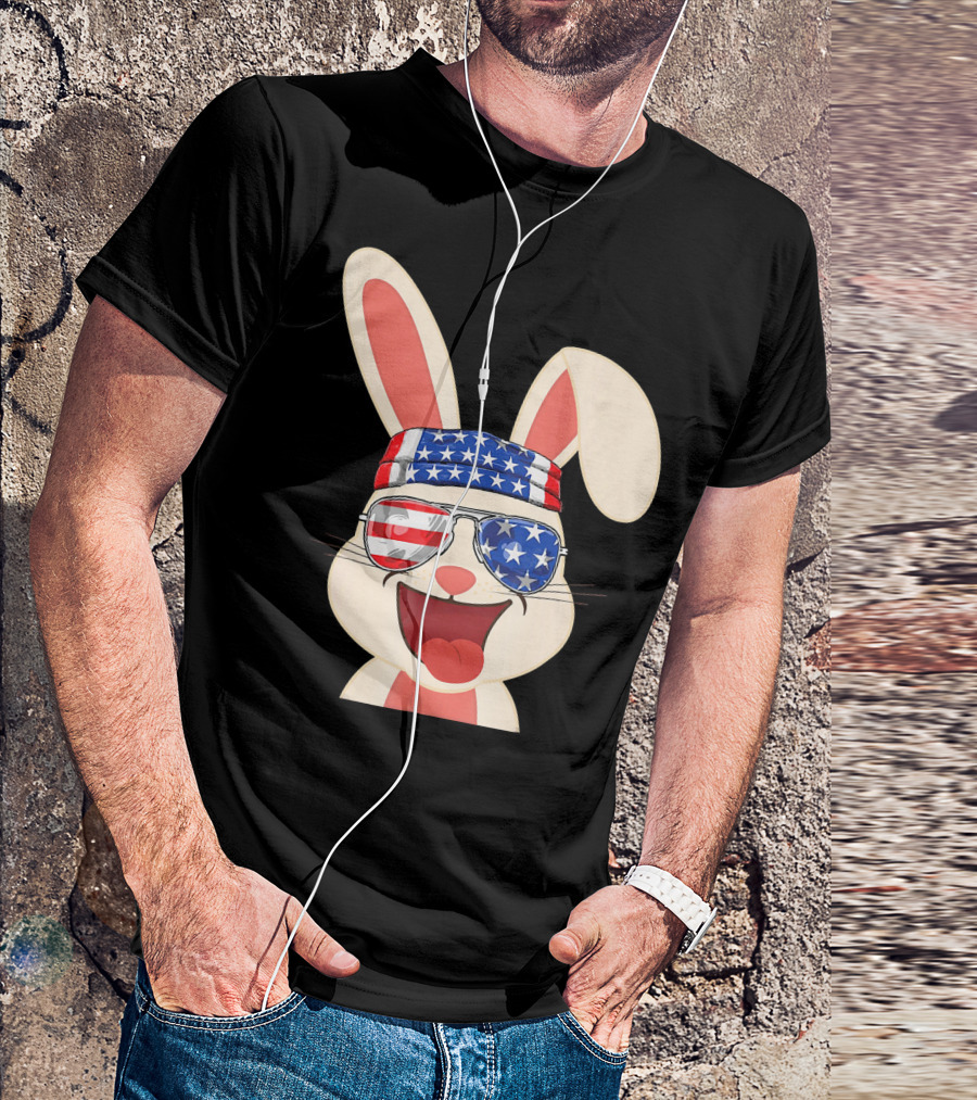 Vintage Patriot Rabbit American Flag Bandana Sunglasses 4th Of July T-Shirt