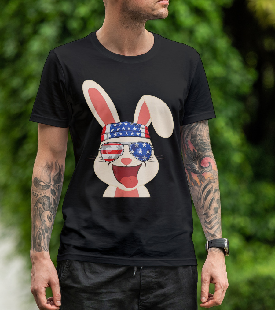 Vintage Patriot Rabbit American Flag Bandana Sunglasses 4th Of July T-Shirt
