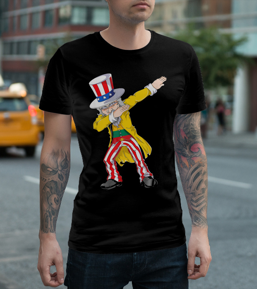 Lithuanian Uncle Sam Dabbing Pose with Patriotic Hat and Striped Pants T-Shirt