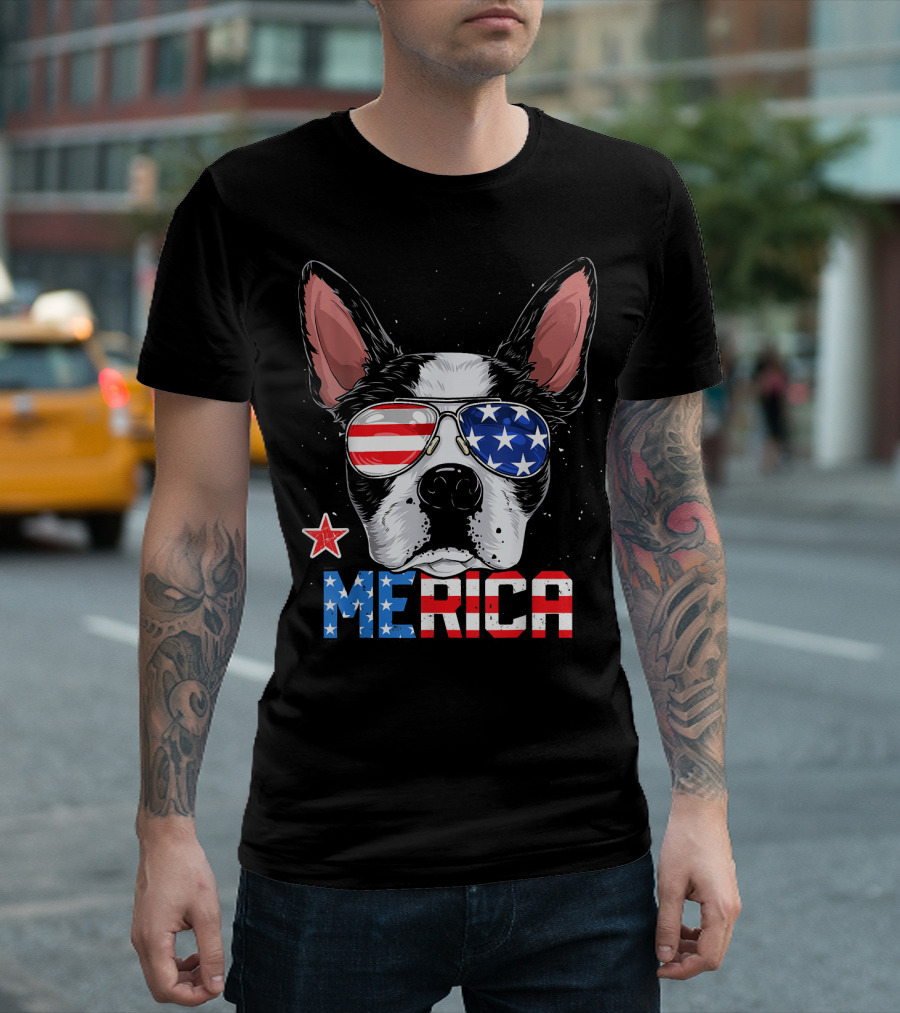Boston Terrier Merica American Flag Sunglasses 4th Of July T-Shirt